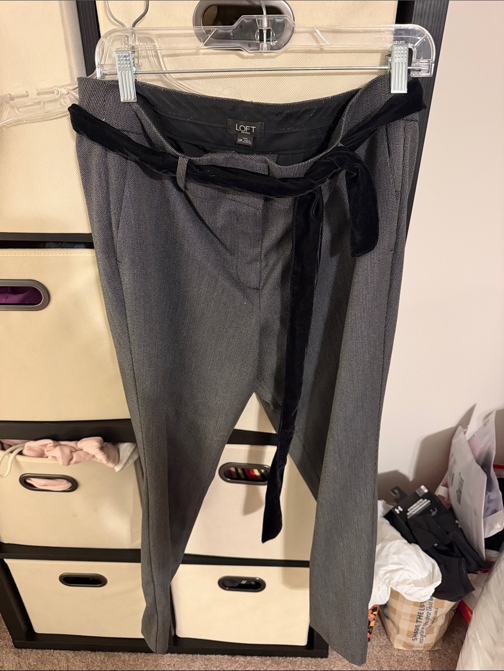 LOFT Gray Tapered Dress Pants with Black Velvet Tie